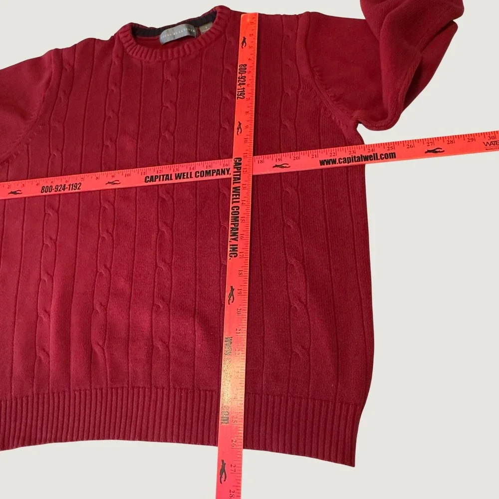 Oscar de la Renta Sweater Mens L Red Cable Knit Cotton Crewneck Preppy Academia